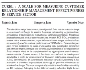 Curel : A Scale For Measuring Customer Relationship Management Effectiveness In Service Sector | Rajnish Jain,  Sangeeta Jain & Upinder Dhar