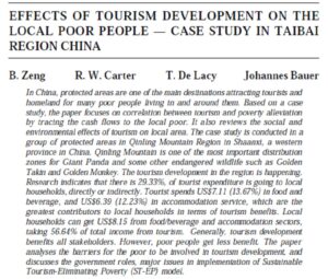 Effects Of Tourism Development On The Local Poor People - Case Study In Taibai Region China | B. Zeng, R. W. Carter,  T. De Lacy  & Johannes Bauer